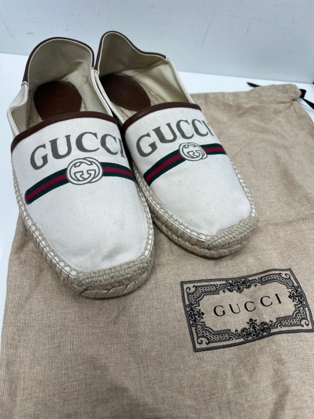Gucci Men’s Cream Canvas Espadrilles with Green and Red Web Stripe
